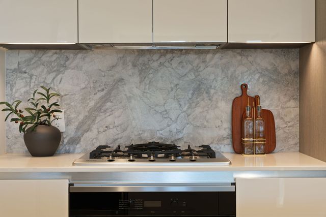 05-8x-on-the-park-1610-gas-cooktop-marble-backsplash at 1610 - 1111 Richards Street, Vancouver West