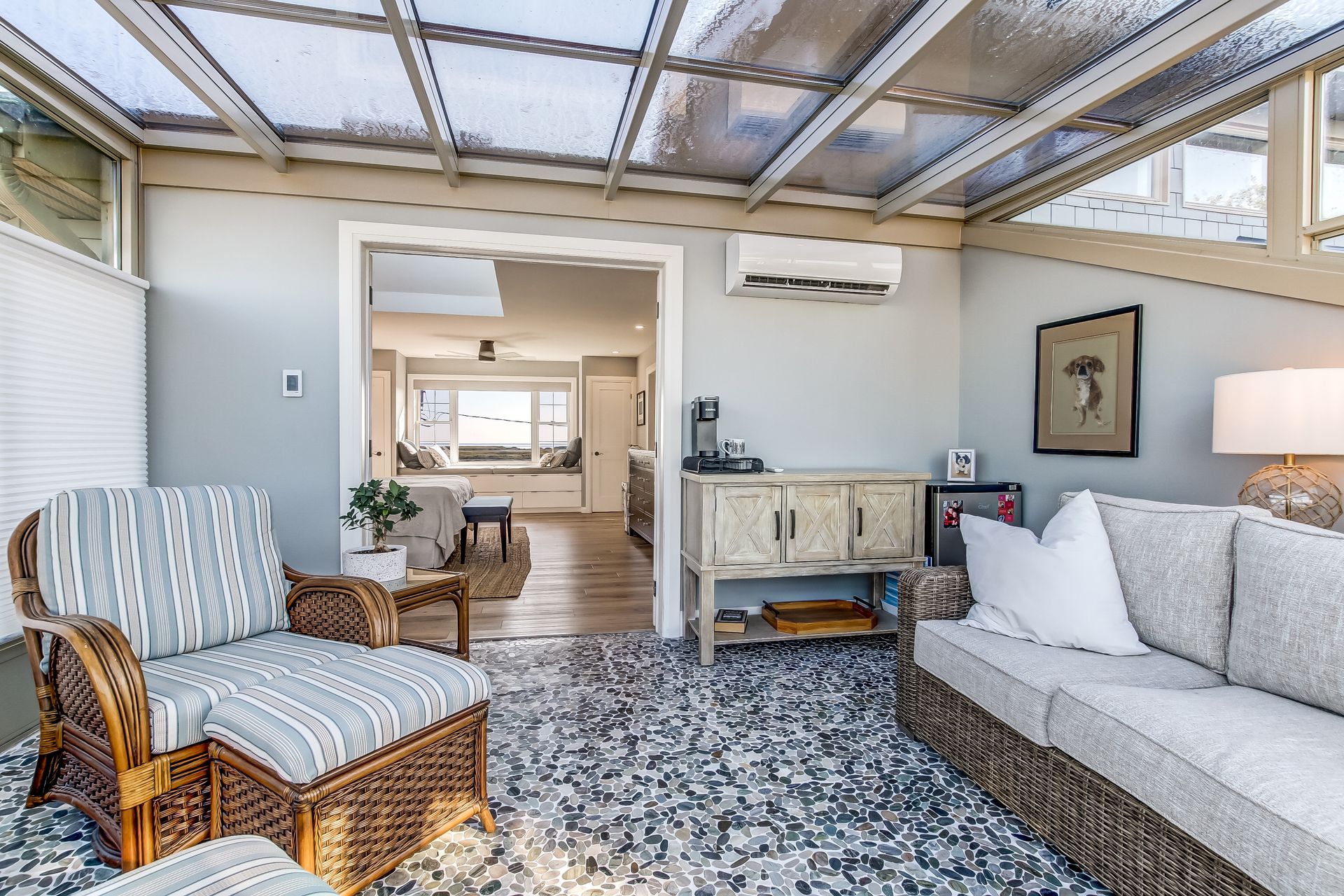 View from Sunroom to the primary bedroom at 86 Old Cut Boulevard, Long Point Cottage Community, Long Point View from Sunroom to the primary bedroom at 86 Old Cut Boulevard, Long Point Cottage Community, Long Point