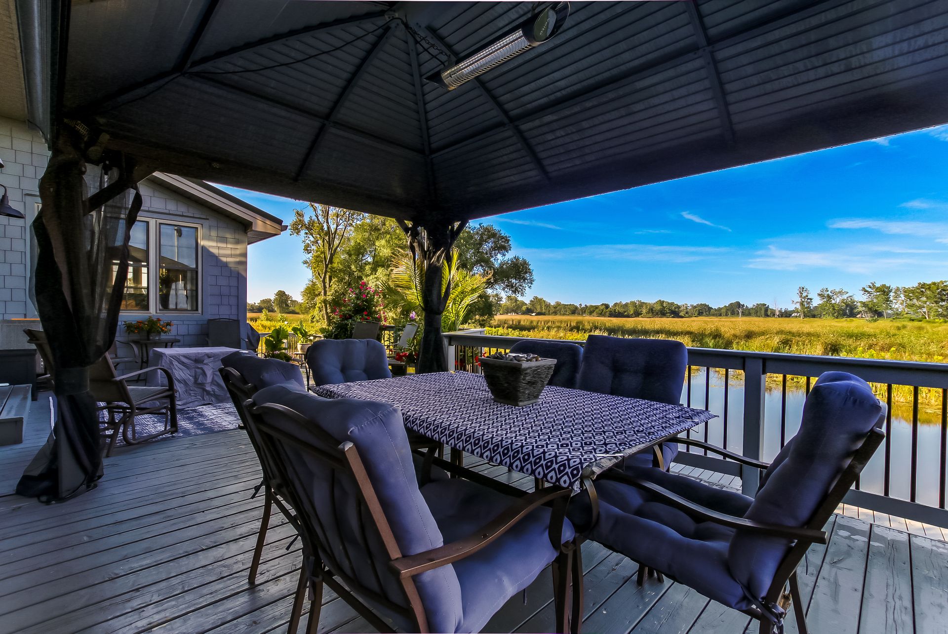 Back upper deck with 10x10 gazebo with wrap around screening for bugs at 86 Old Cut Boulevard, Long Point Cottage Community, Long Point Back upper deck with 10x10 gazebo with wrap around screening for bugs at 86 Old Cut Boulevard, Long Point Cottage Community, Long Point