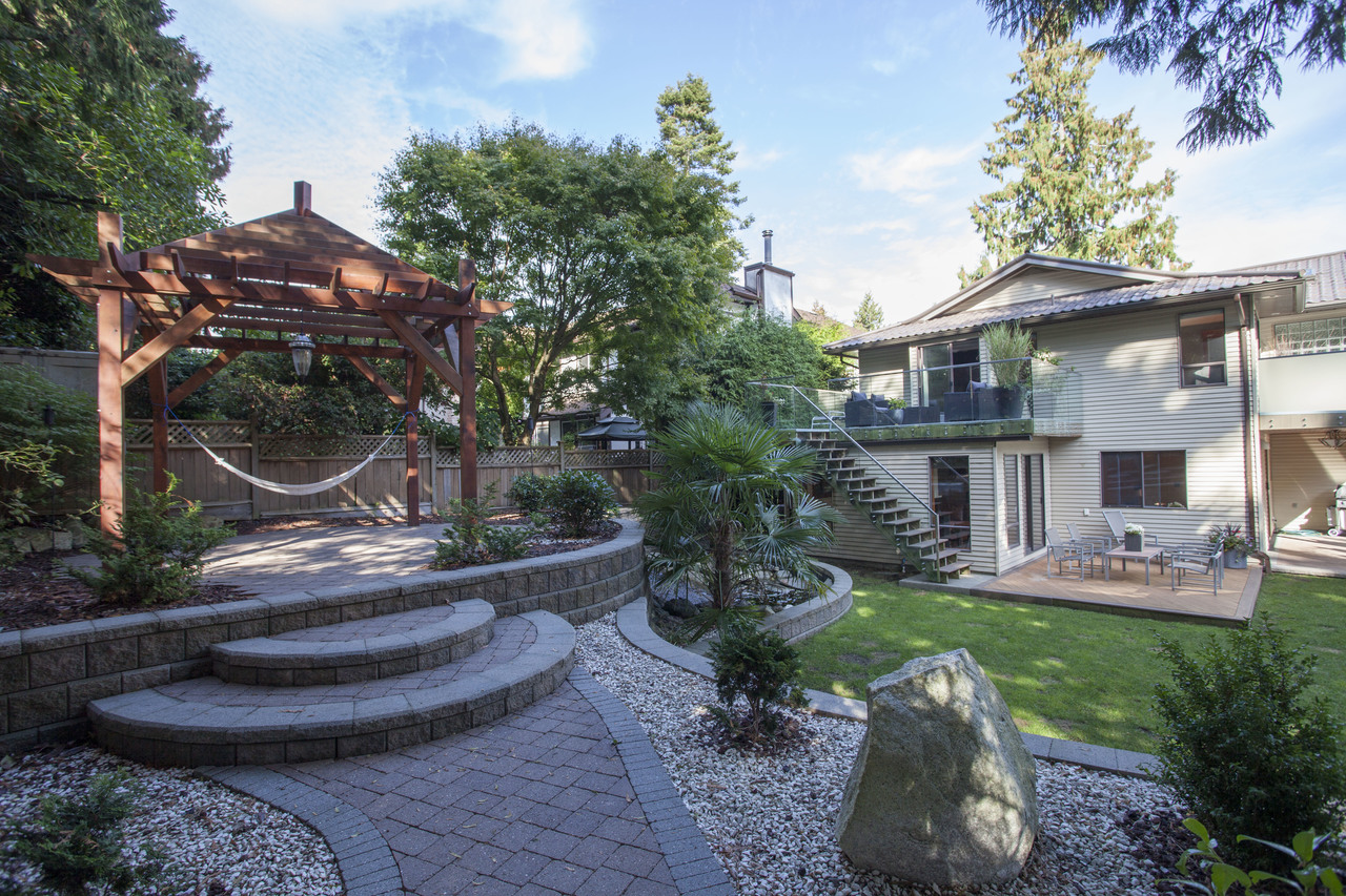 Rear Yard - Private oasis with Gazebo, sun-soaked patios, and a pond with a waterfall built on the natural granite! at 6416  Ave, Horseshoe Bay WV, West Vancouver Rear Yard - Private oasis with Gazebo, sun-soaked patios, and a pond with a waterfall built on the natural granite! at 6416  Ave, Horseshoe Bay WV, West Vancouver