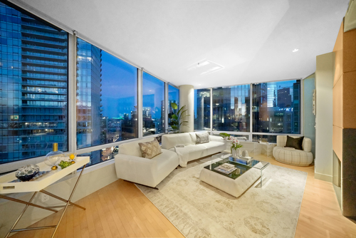 2404-1077 W. Cordova Street - Living Room Twilight at 2404 - 1077 W Cordova Street, Coal Harbour, Vancouver West 2404-1077 W. Cordova Street - Living Room Twilight at 2404 - 1077 W Cordova Street, Coal Harbour, Vancouver West