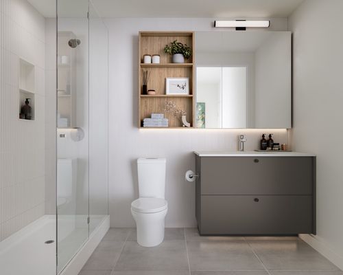 1 Market Square at Inlet District - bathroom dark colour scheme at 137 Buckingham Drive, Ioco, Port Moody