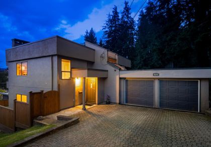 night-time-front-of-house at 4225 Cliffmont Road, Deep Cove, North Vancouver