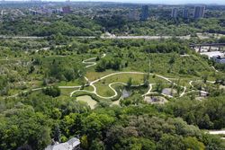 Aerial of Brick Works Park at 45 Standish Avenue, Rosedale-Moore Park, Toronto