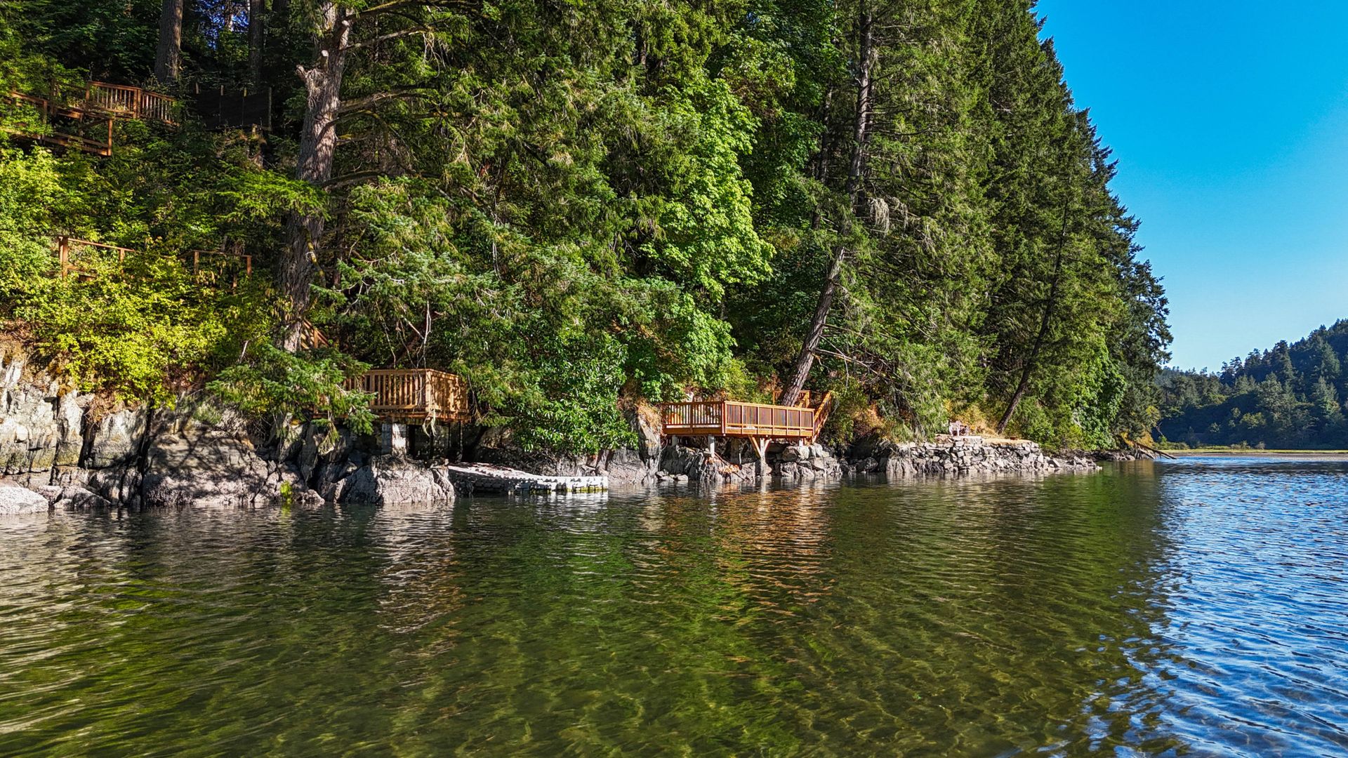 Ever-calm waters at your custom deck at 1709 Falcon Heights Road, Goldstream, Langford