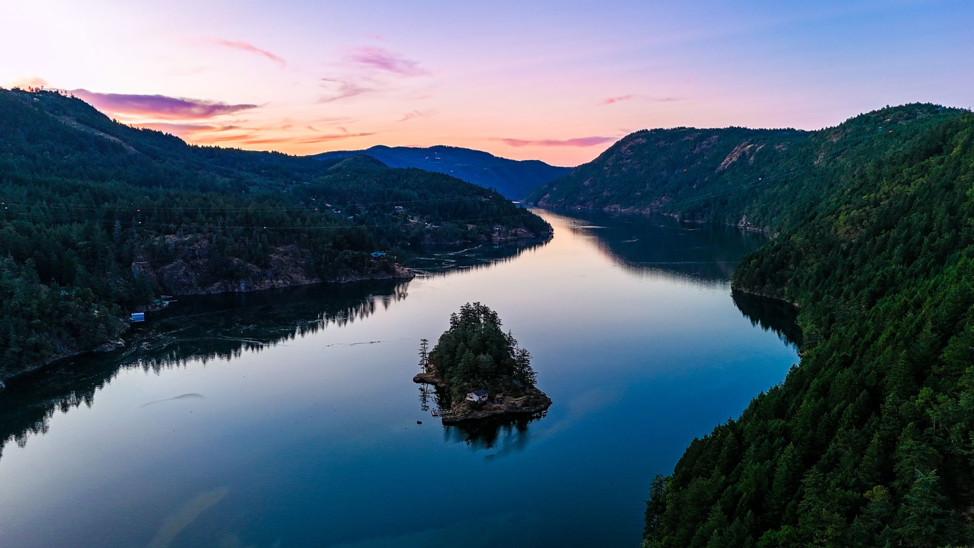 Sunset view north up the Saanich Inlet at 1709 Falcon Heights Road, Goldstream, Langford