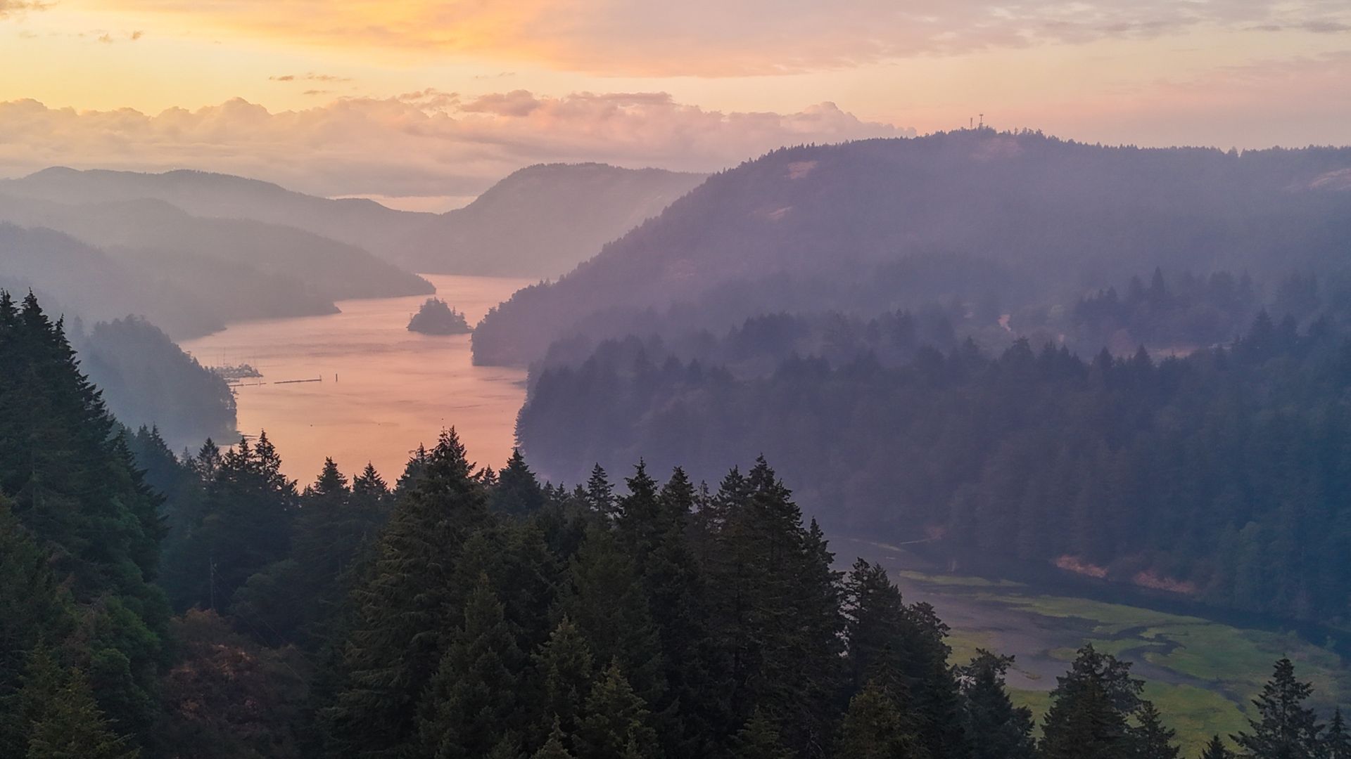 Sunset view south down the Saanich Inlet at 1709 Falcon Heights Road, Goldstream, Langford