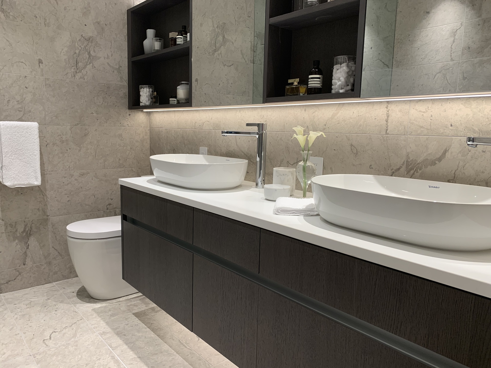 Voyce display ensuite with fully tiled marble walls and floor at 5168 Cambie Street, Cambie, Vancouver West Voyce display ensuite with fully tiled marble walls and floor at 5168 Cambie Street, Cambie, Vancouver West