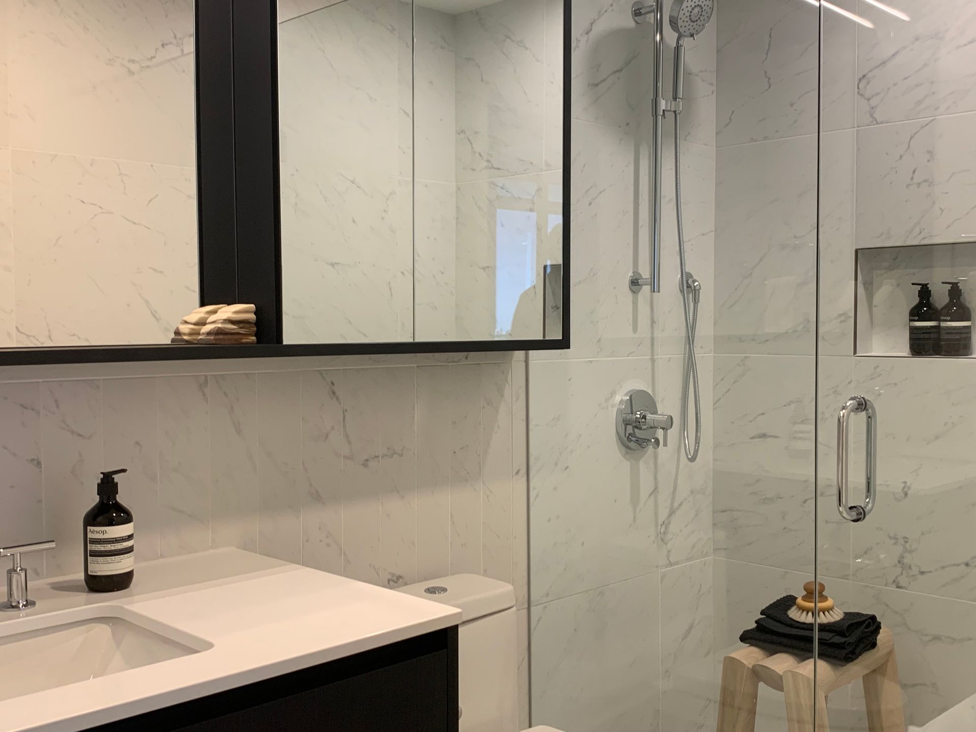 Brentwood Block fully tiled display ensuite in dark scheme at 4612 Lougheed Highway, Brentwood Park, Burnaby North Brentwood Block fully tiled display ensuite in dark scheme at 4612 Lougheed Highway, Brentwood Park, Burnaby North