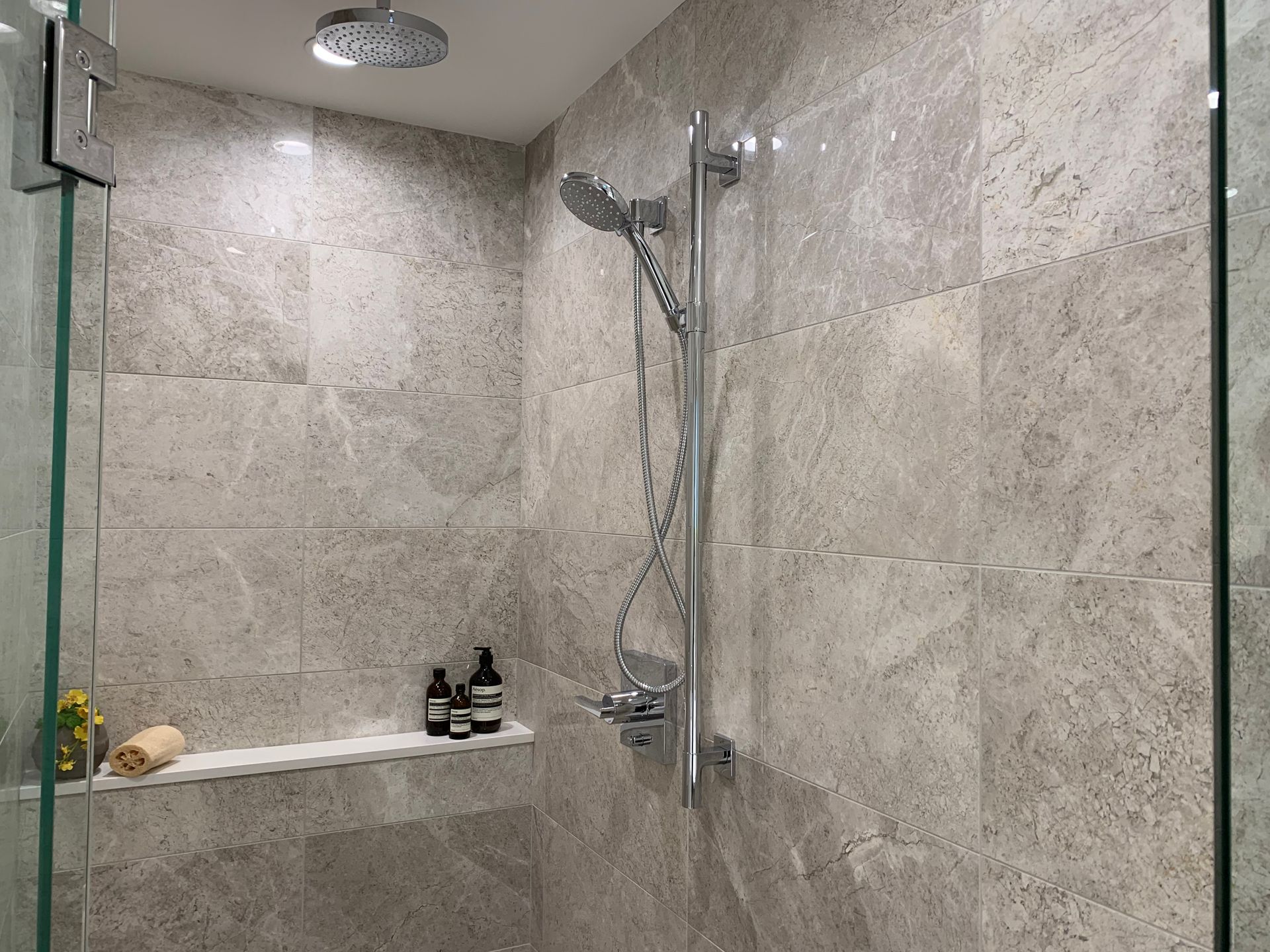 Marbled tiled shower with Kohler at 5740 Cambie Street, Cambie, Vancouver West Marbled tiled shower with Kohler at 5740 Cambie Street, Cambie, Vancouver West