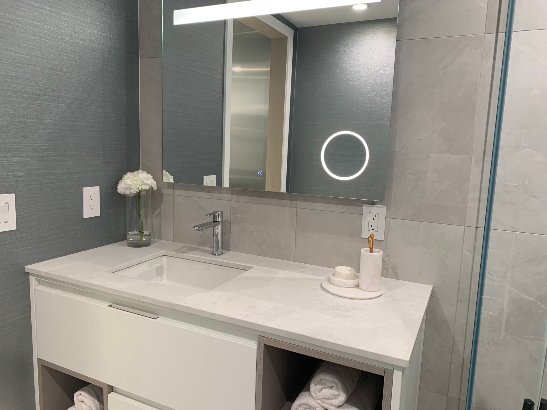Artesia ensuite with integrated mirror lighting at 4275 Grange Street, Metrotown, Burnaby South Artesia ensuite with integrated mirror lighting at 4275 Grange Street, Metrotown, Burnaby South