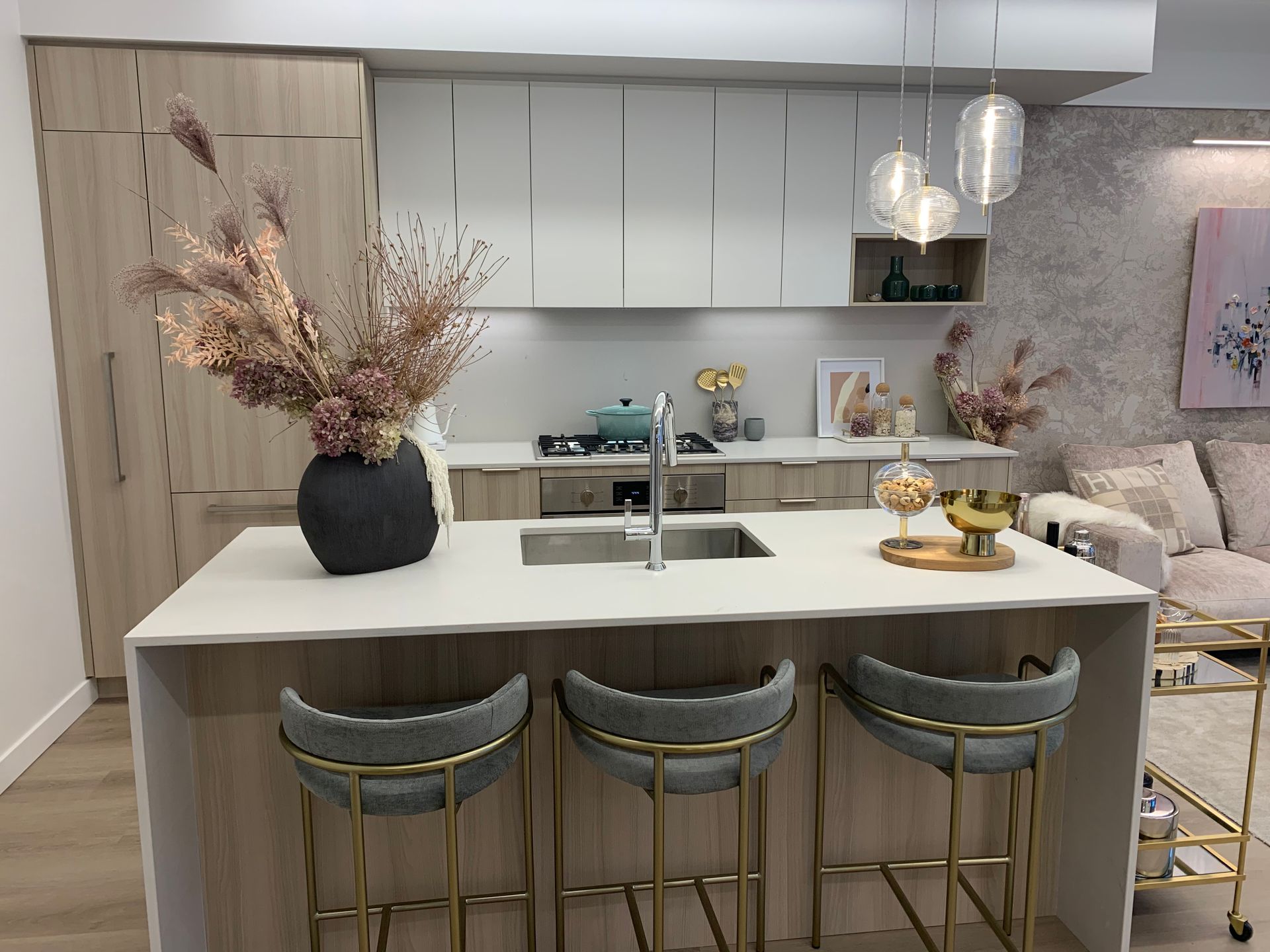 Nuvo kitchen display for 3 bed suite in light colour scheme at 6075 Wilson Avenue, Metrotown, Burnaby South Nuvo kitchen display for 3 bed suite in light colour scheme at 6075 Wilson Avenue, Metrotown, Burnaby South