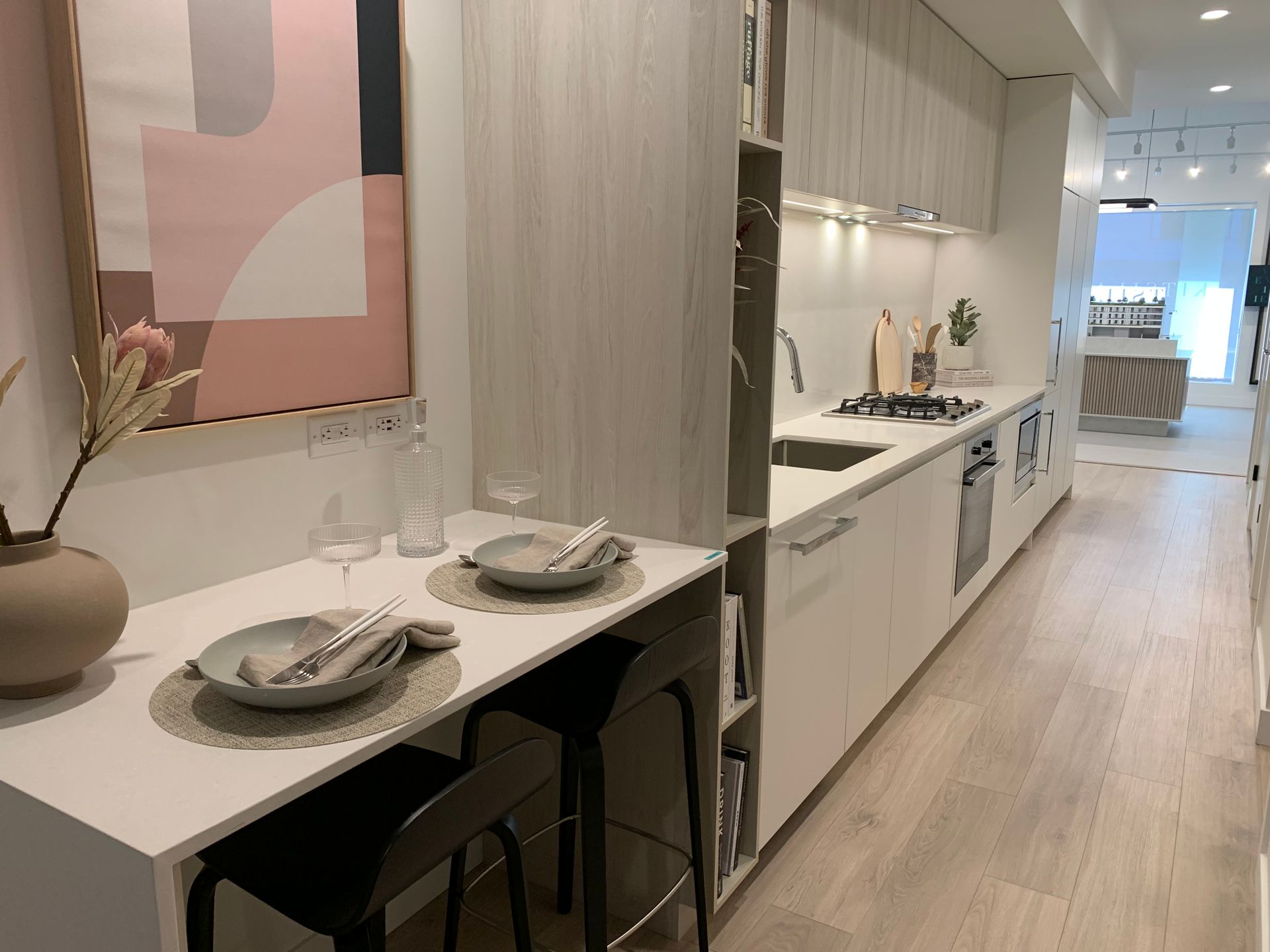 Kitchen in micro 2 bed display in Sand colour scheme at  West 4th At Macdonald, Kitsilano, Vancouver West Kitchen in micro 2 bed display in Sand colour scheme at  West 4th At Macdonald, Kitsilano, Vancouver West