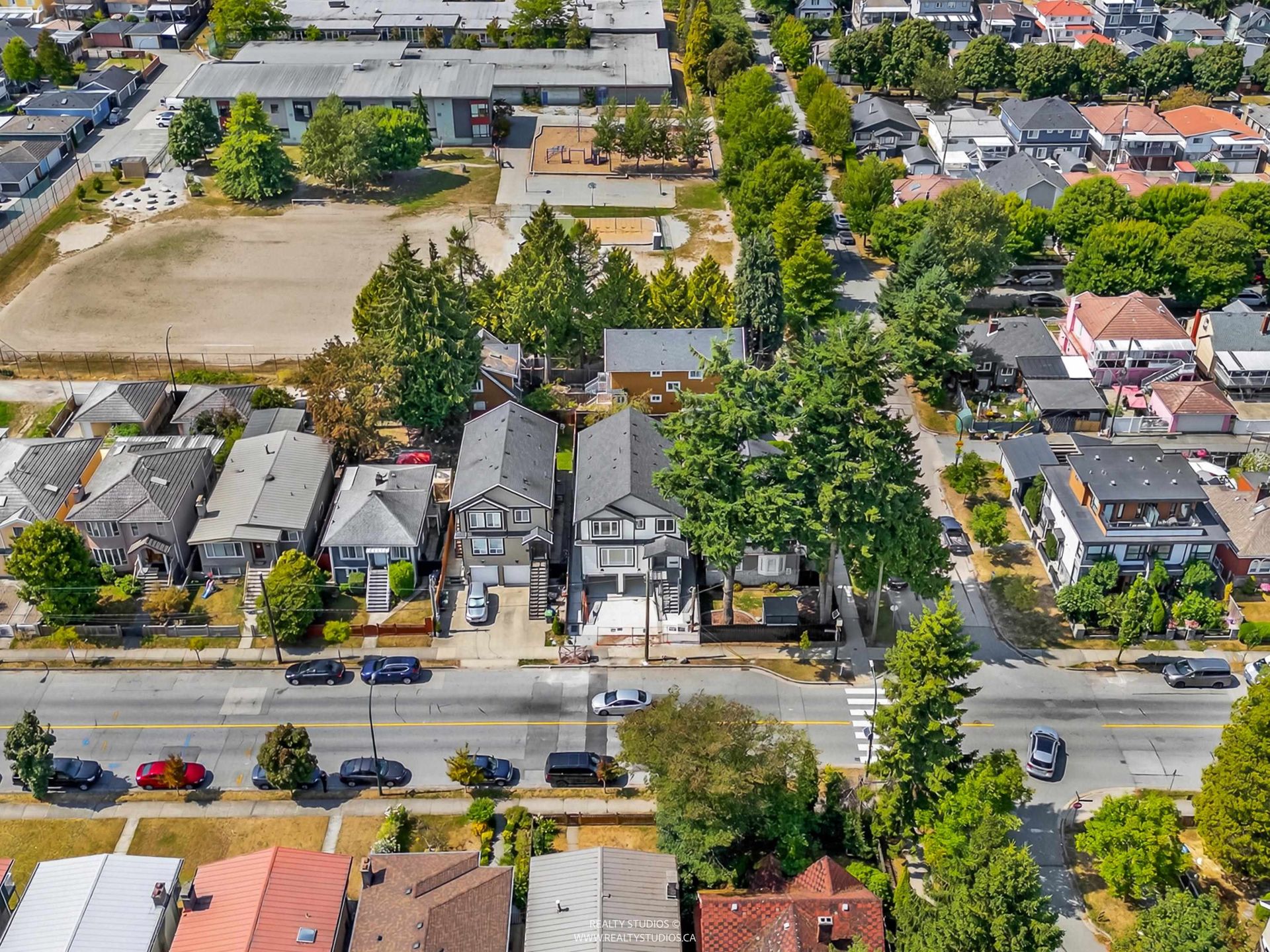 Aerial with elementary school behind at 2 - 5221 Clarendon Street, Collingwood VE, Vancouver East Aerial with elementary school behind at 2 - 5221 Clarendon Street, Collingwood VE, Vancouver East