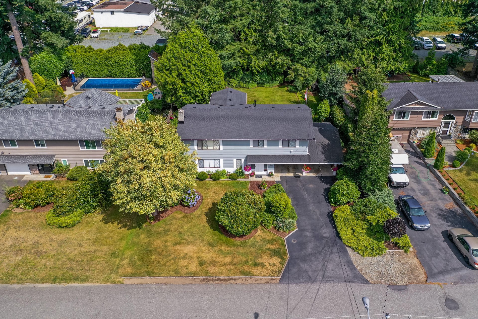 Aerial Front and Street View at 4062 207a Street, Brookswood Langley, Langley