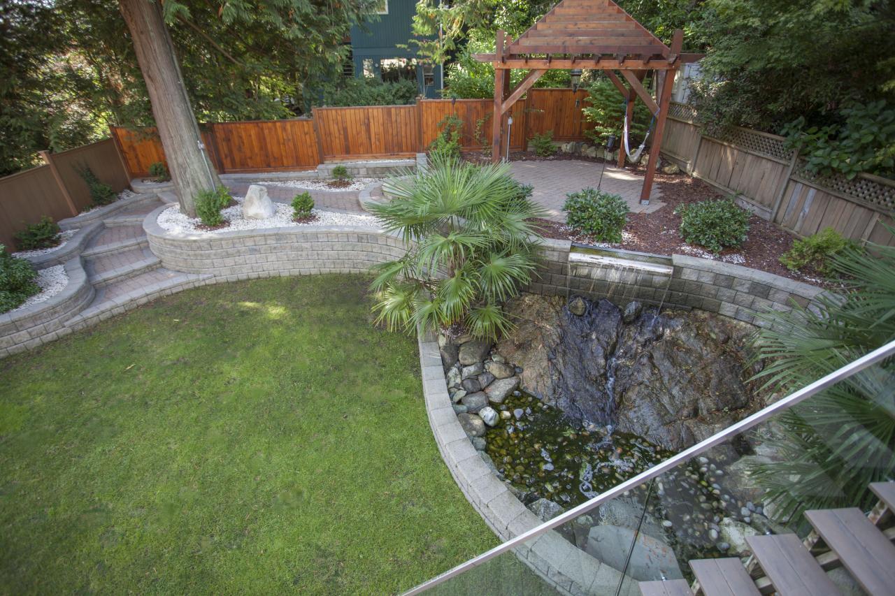 Waterfall Feature in Low-maintenance Rear Yard